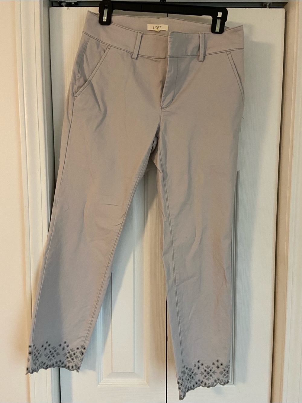 LOFT Light Gray Cropped Jeans with Scalloped Eyelet Hem